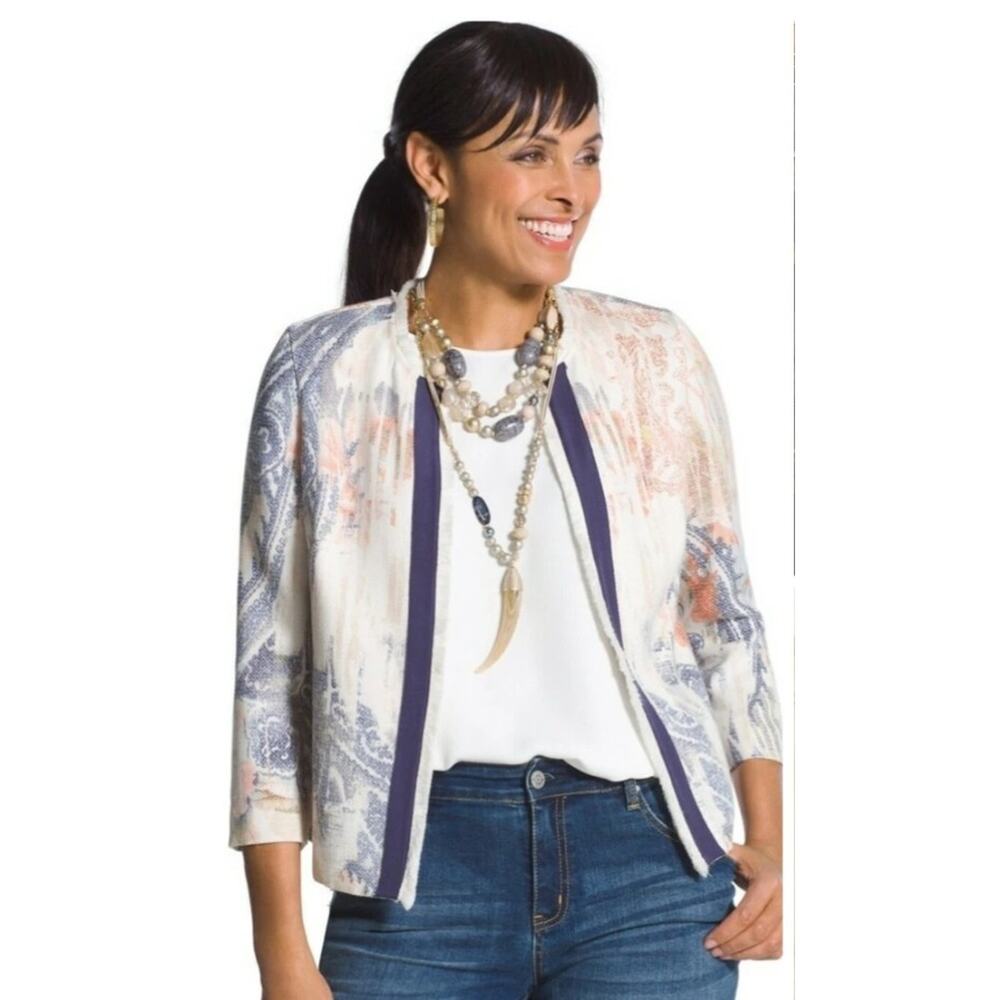 Chicos Watercolor Floral Blazer Jacket Size 0 Small Cream Fringe Hem Open Pastel